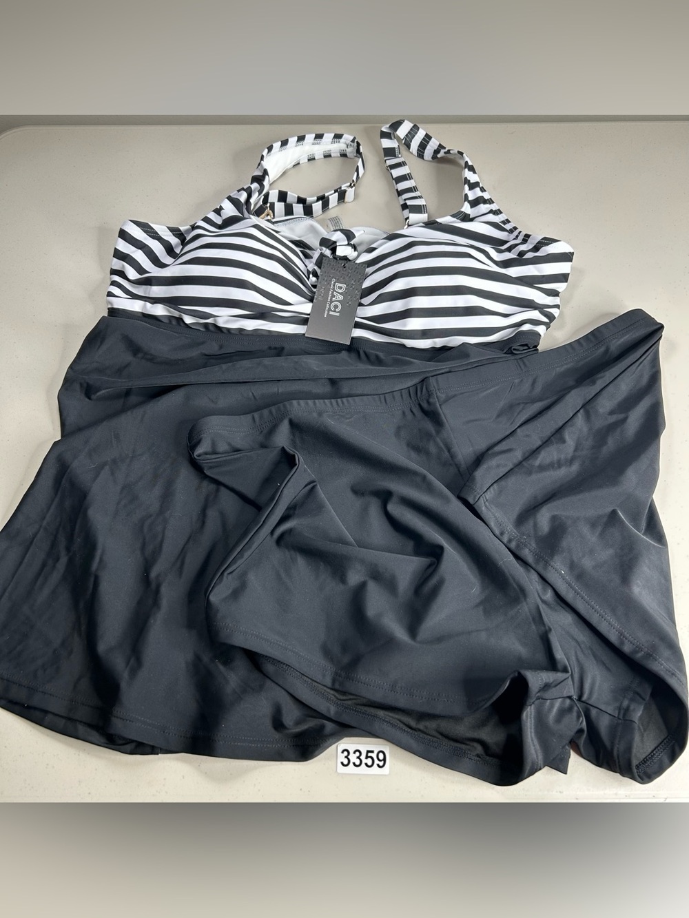 DACI Tankini Set Black Stripes 22W Swim Dress With Swim Shorts